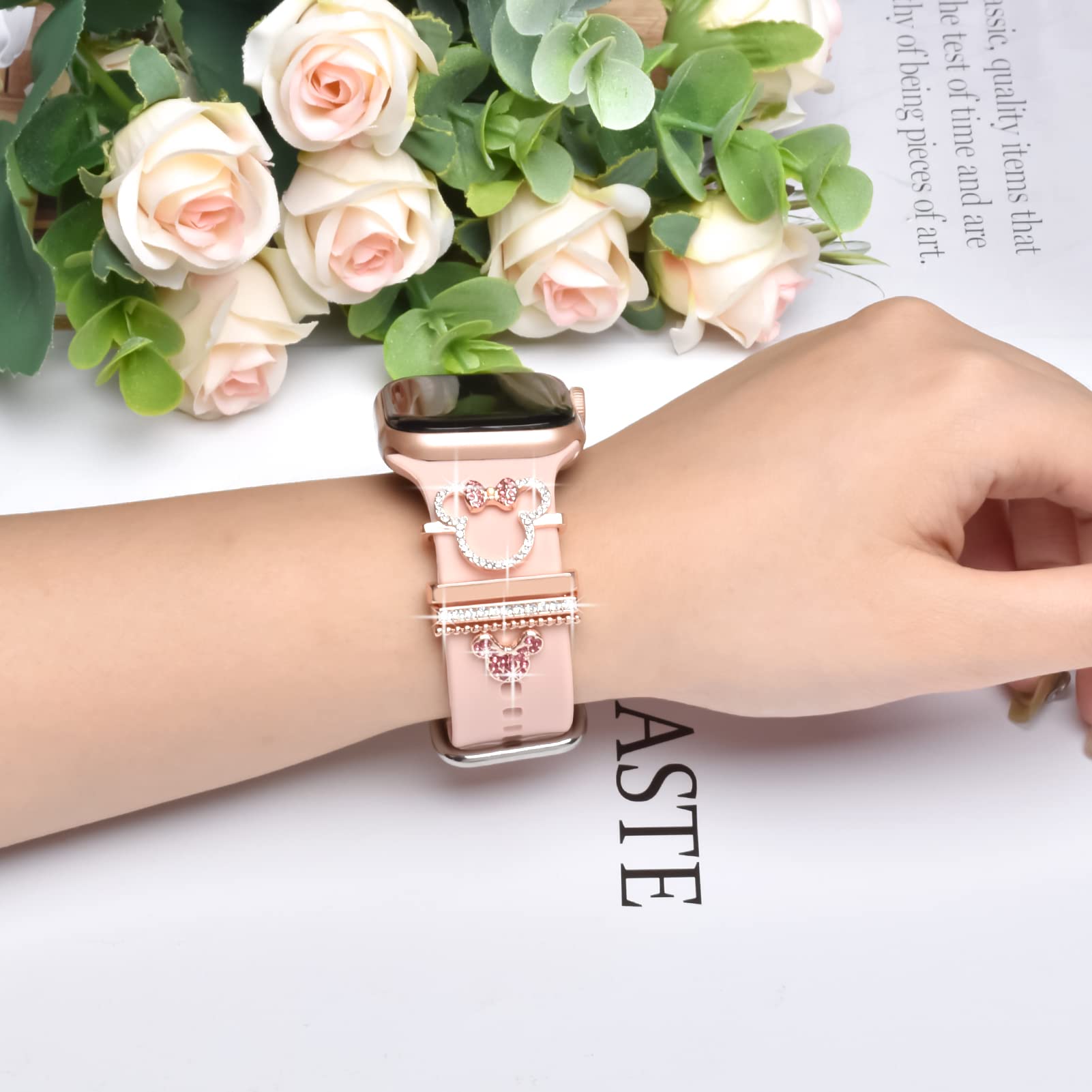 Uhr Armband Charme, mit dekorativem Ring und Schnalle, kompatibel mit Apple Watch 40mm 41mm 44mm 45mm Metall Diamant Armband Schiebezubehör, passend für iWatch Serie 8 7 6 5 4 3 2 1