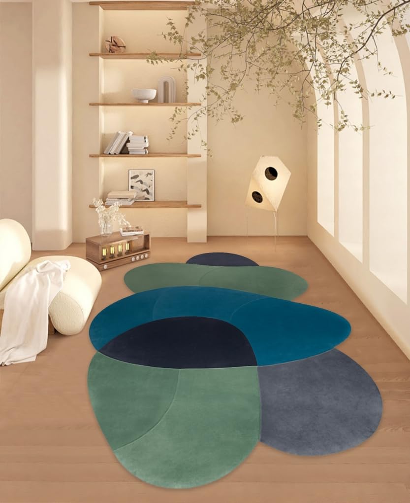 Green Blue Grey Irregular Shape Modern Abstract Area Rugs 5x7 Soft Faux Wool Aesthetic Asymmetrical Rug for Livingroom Bedroom Diningroom Lux Home