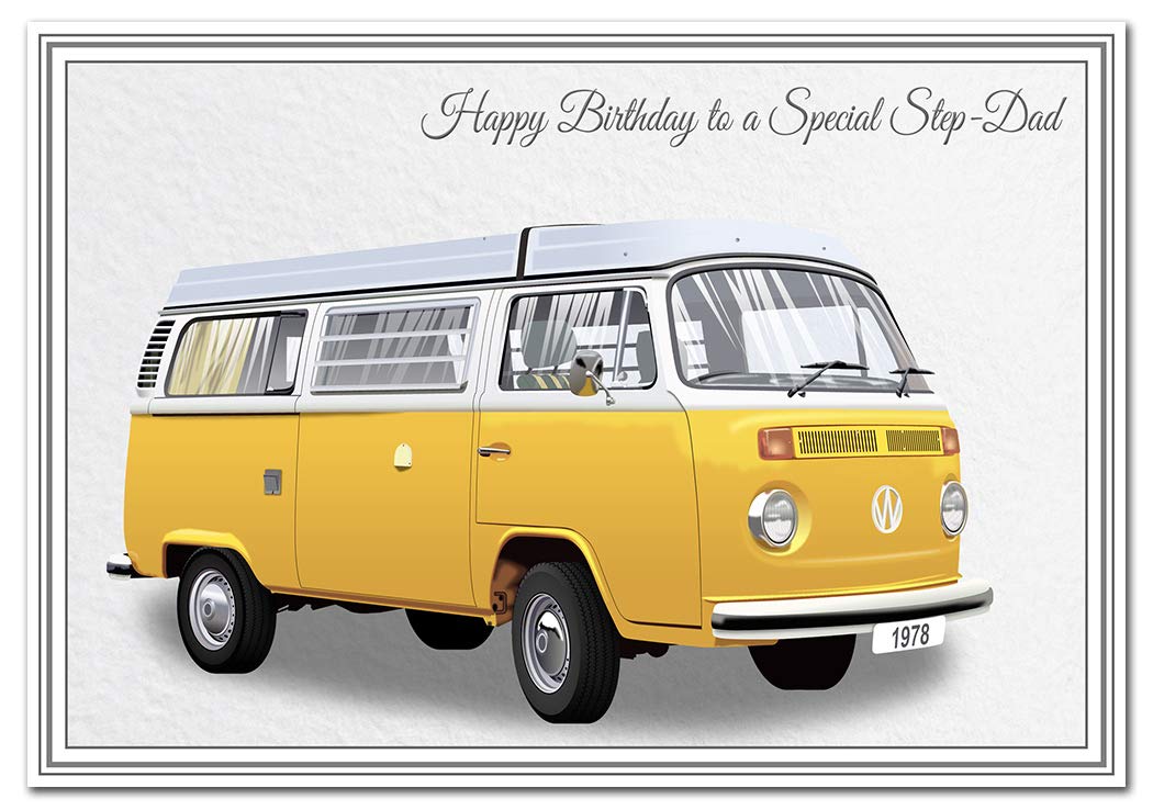 Birthday Card for Step-Dad- Classic Car Vintage - Happy Best Wishes for him - Cool Unique Vector Art - Special Male Greeting - Blank Inside - Unusual 1970's T2 Camper Van - Made in UK