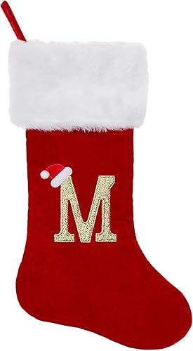 CRSTAFU Monogram - Medias de Navidad con iniciales familiares de 20 pulgadas, puño de felpa blanca súper suave con cuerpo de terciopelo rojo de lujo