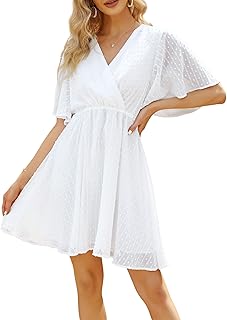 Clearlove Summer Dress Women's Knee-Length Tunic Dress Short Sleeve Mini Dress Swing V-Neck Dress Casual Dress, White, xxl