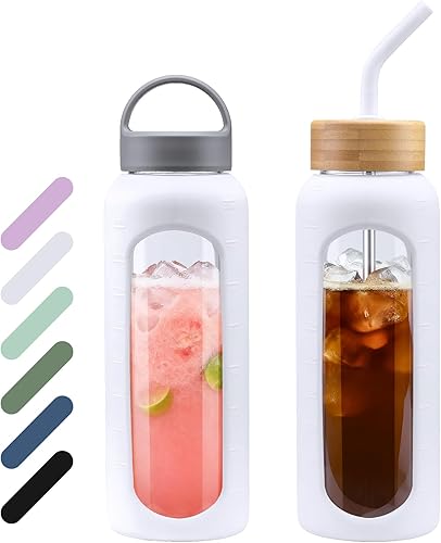 Miniatura 10 de Botella de agua de vidrio de 32 onzas, vaso de vidrio de 1 litro con pajilla, botellas reutilizables con 2 tapas, tapa con asa y tapa de popote de