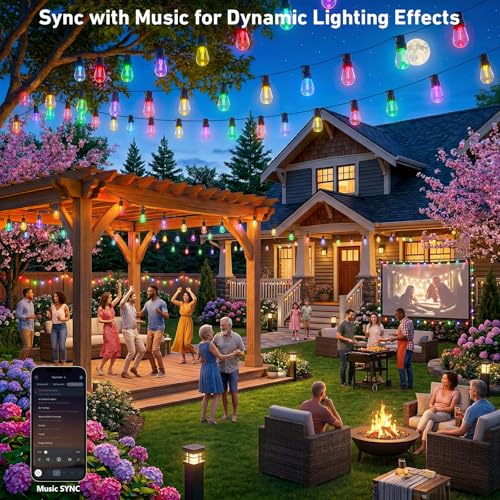 Image of Outdoor String Lights,200FT Smart RGB+IC Patio Lights with Shatterproof LED Bulbs ,Outside Light Dimmable Patio for Decor DIY IP67 Waterproof ,Courtyard, garden,Holiday,LED lights more Scene Modes