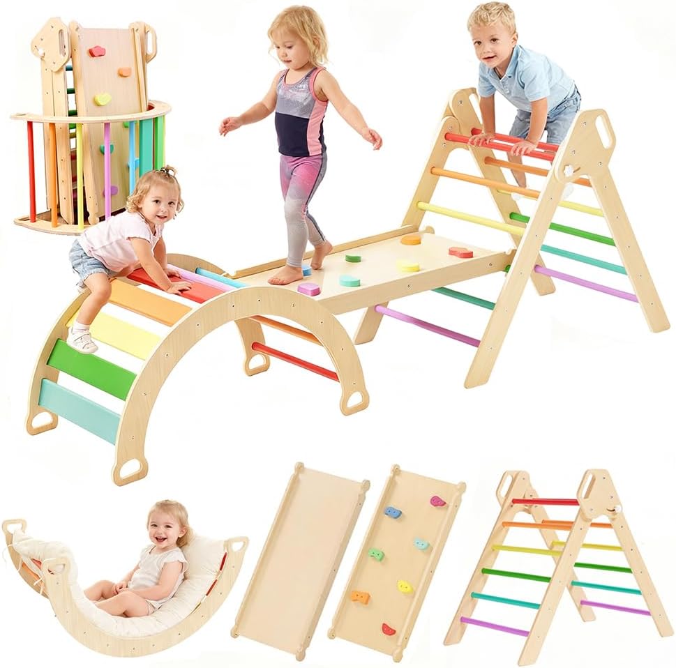 Large pikler Triangle Set with Cushion，7 in 1 Foldable Baby Jungle Gym with Ramp & Arch，Wooden Montessori Toddler Climbing Toys Indoor for Toddlers 1-6 Year Old Rainbow
