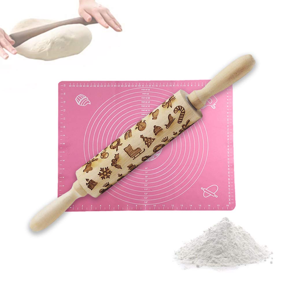 TDCQ 2PCS Christmas Wooden 3D Embossing Rolling Pins,Christmas Patterned Rolling pin Baking Tools,Wooden Rolling Pin for Clay,Engraved Embossing Rolling Pin,Christmas Wooden Rolling Pins