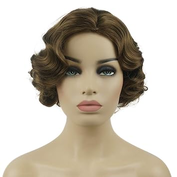 #12 Lt Reddish Golden Brown: Lydell Vintage Cosplay Party Wig Short Finger Wavy Flapper Hairpiece +Free Wig Cap (#12 Lt Reddish Golden Brown)