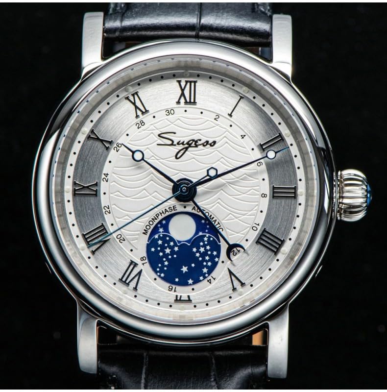 Seestern Sugess SU2108SZ Fase Lunare Meccanico Acciaio Pelle Nero Bianco Zaffiro Orologio Uomo