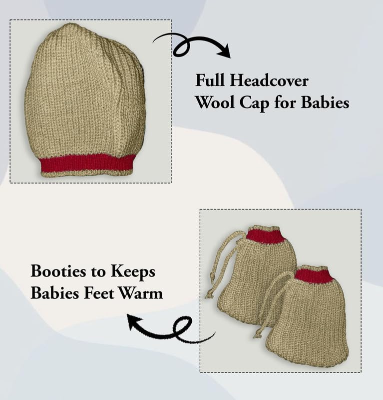 Image of Baby Unisex New Born Baby Boys Girls Soft Comfortable Trendy Woolen Round Neck Stripe Sweater Set with Payjami, Cap and Pair of Booties for Toddlers