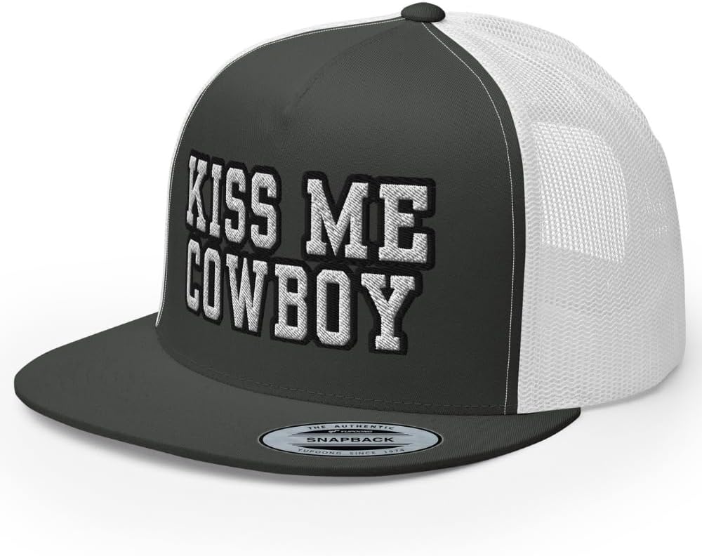 NX Kiss Me Cowboy Embroidered Flat Bill Trucker Hat High Crown Snapback Western Country Cowgirl Cap
