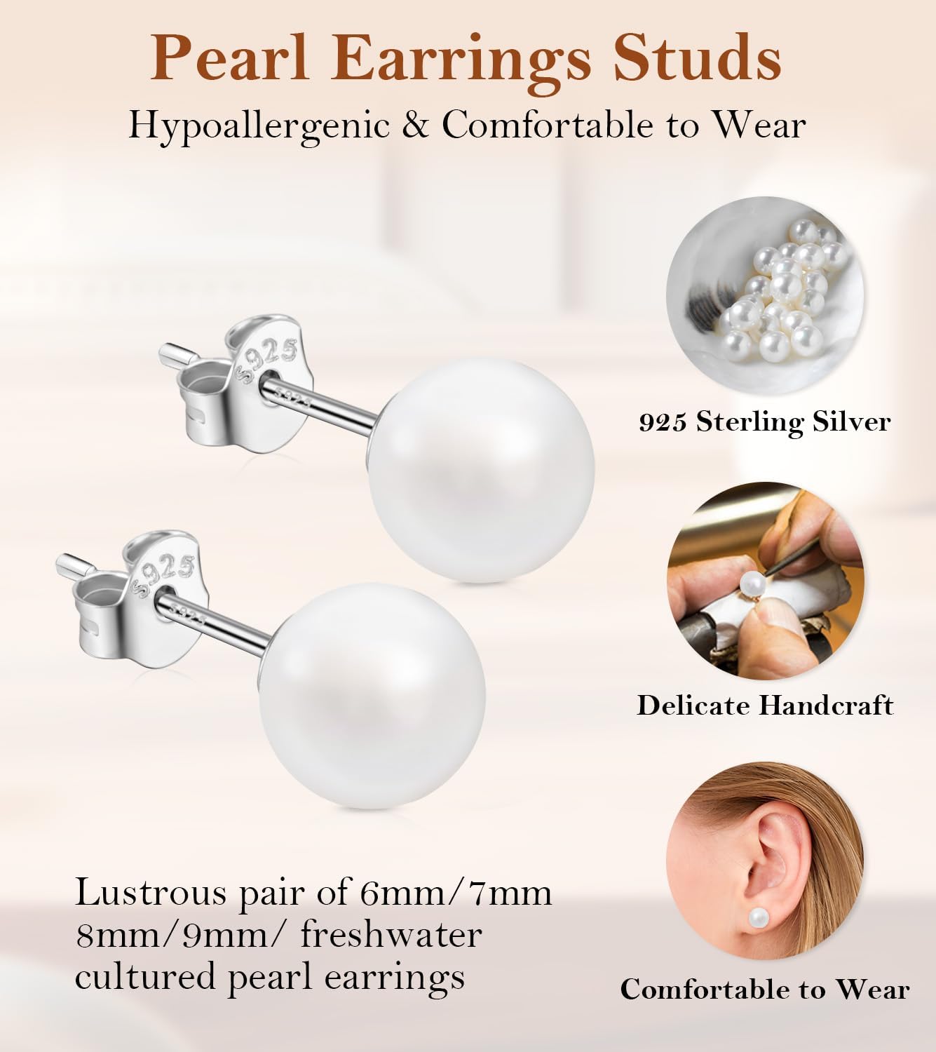 Pearl Stud Earrings for Women, Handpicked Freshwater Pearl Hypoallergenic Silver Post Earring Studs - Image 2