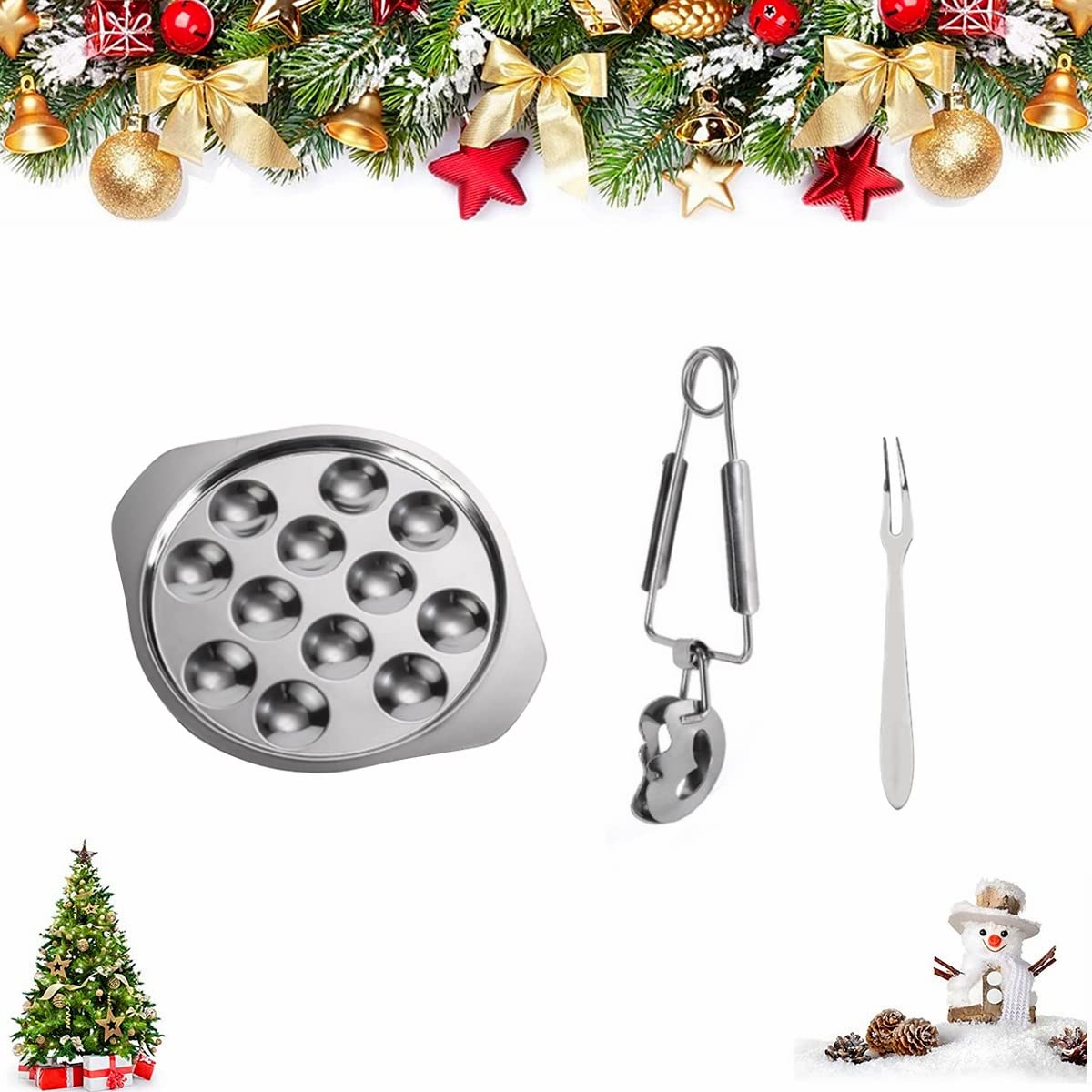 Stainless Steel Escargot Dining Set - Snail Tong, Fork and Plate for Home, BBQ, Restaurant - 12 Holes Serving Plate