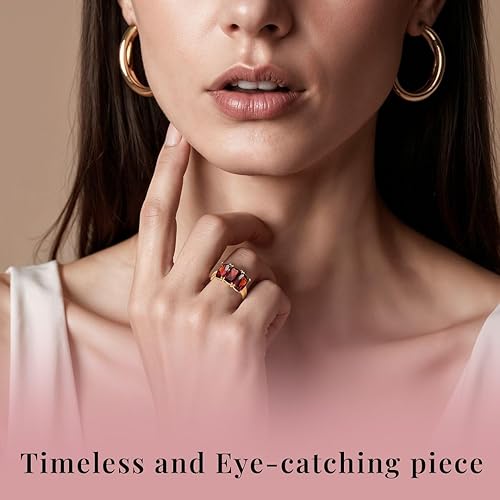 Miniatura 6 de 3 Stone Garnet Rings for Women in 925 Sterling Silver with 14K Gold Plating - January Birthstone Promise Engagement Ring Vintage Red Garnet Jewelry
