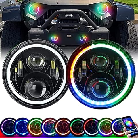 ZiopGTob 7 Inch RGB LED Headlights - H6024 Round Led Headlight Halo Headlights 7'' Black Headlamps High Low Sealed Beam H4-H13 Adapter Compatible with Wrangler JK TJ LJ CJ Hummber H1 H2 Cover