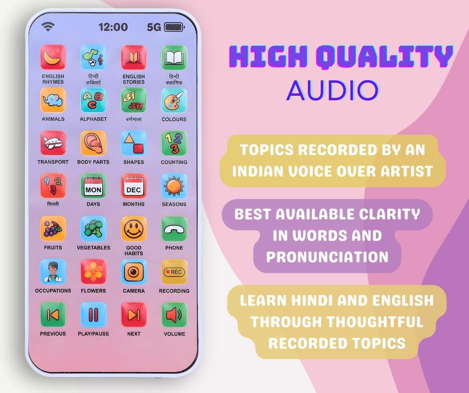 Image of Play Craft EduPhone Educational Type-C Rechargeable Musical Toy 28 Functions, Alphabet, Numbers, Varnmala, Animal Sounds, Nursery Rhymes in English & Hindi for Age 2 Years to 10 Years