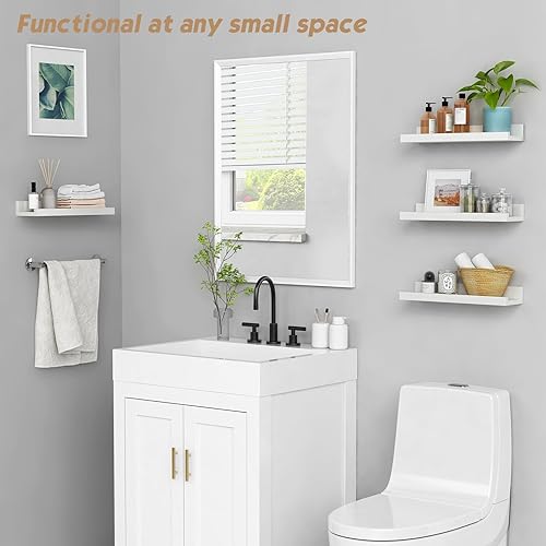 Vista 6 de Forbena Estante de repisa blanca para cuadros, estantes flotantes con borde para libros de dormitorio, estantes de esquina para guardería, estantes