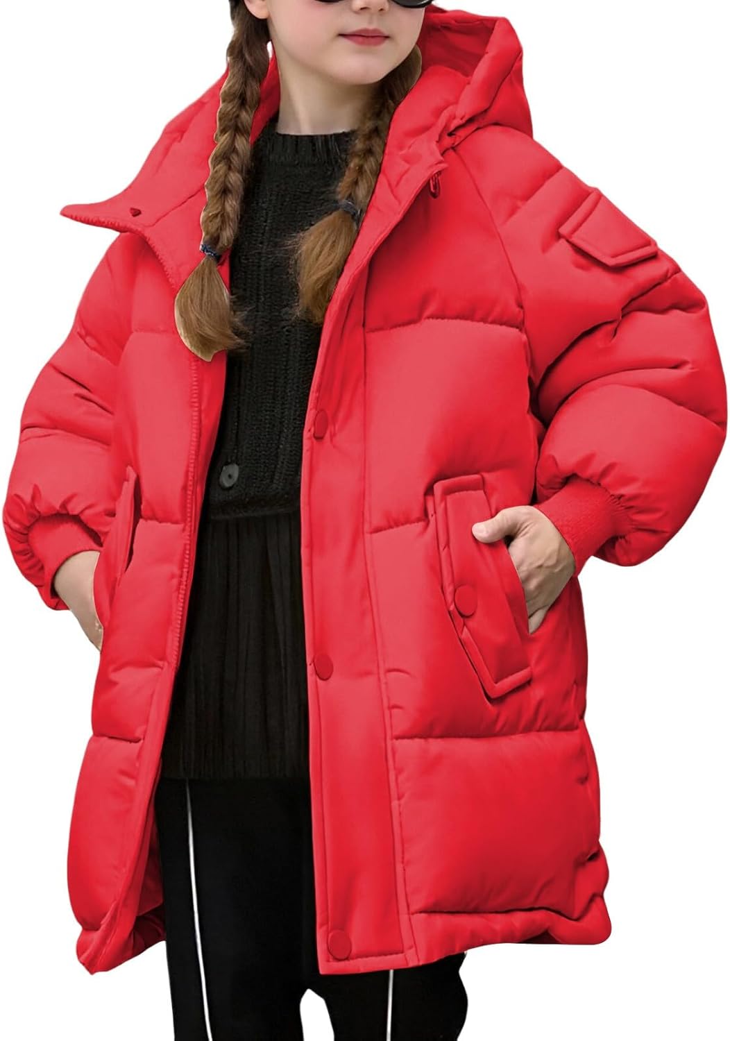 Girls Long Padded Puffer Jacket Zip up Winter Hooded Down Coat Kids Thick Warm Parka Windproof Outerwear with Pockets