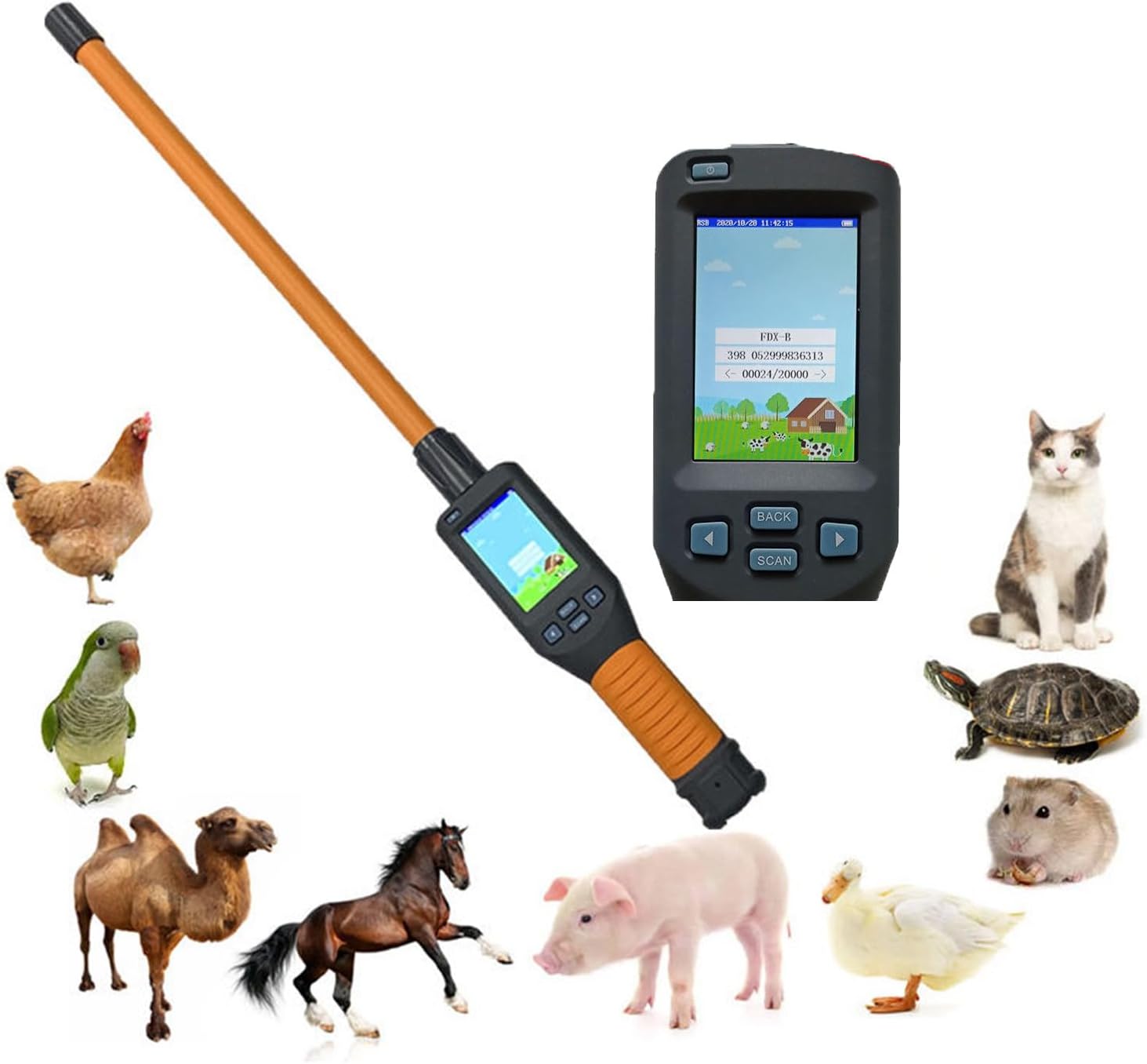 Pet Microchip Scanner Reader, Handheld Universal RFID Tag Identifier Animal Ear Tag Stick Scanner with Bright 480x320 LCD Display, Store Up to 20000 Datas,for FDX-B, FDX-A, HDX ISO11784/85