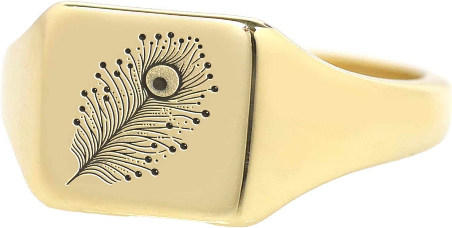 14k Gold Feather Signet Ring - Personalized Square Shaped Peacock Engraving Jewelry - Gift for Her