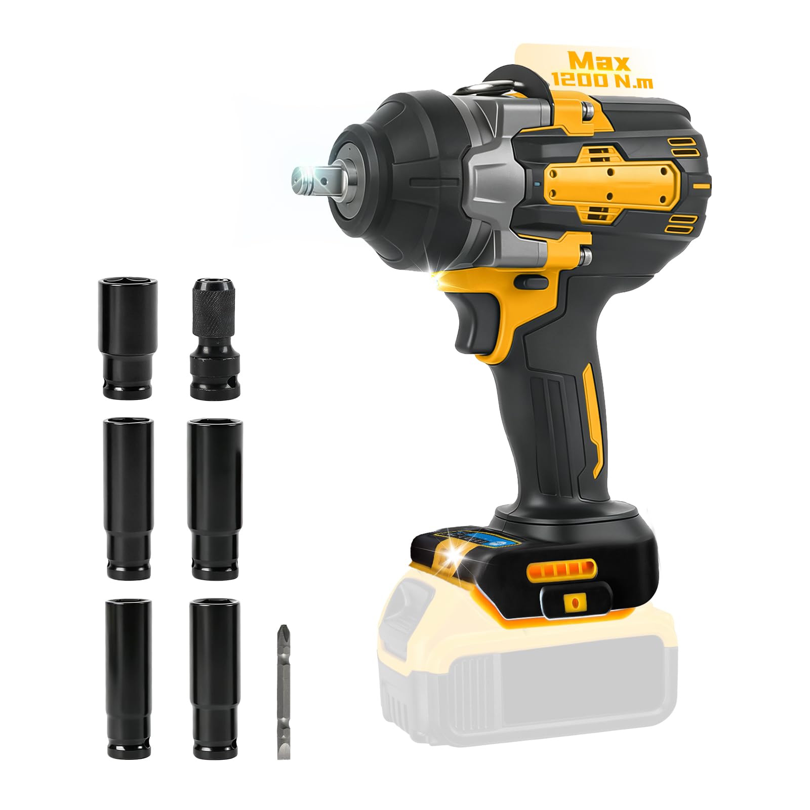 Llave de impacto inalámbrica de 1200 Nm compatible con batería Dewalt de 18 V y 20 V, 1/2 pulgada con velocidad de 5 modos, pistola de impacto eléctrica sin escobillas de 3600 RPM con luz LED y 5