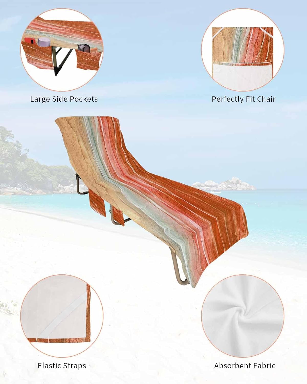 Ocean Orange Beach Chair Cover with Side Pockets, Microfiber & Quick Dry Pool Chaise Lounge Chair Towels Covers for Sun Sunbathing Patio Garden Hotel, Summer Beach Seawave Sand Ombre Stripe