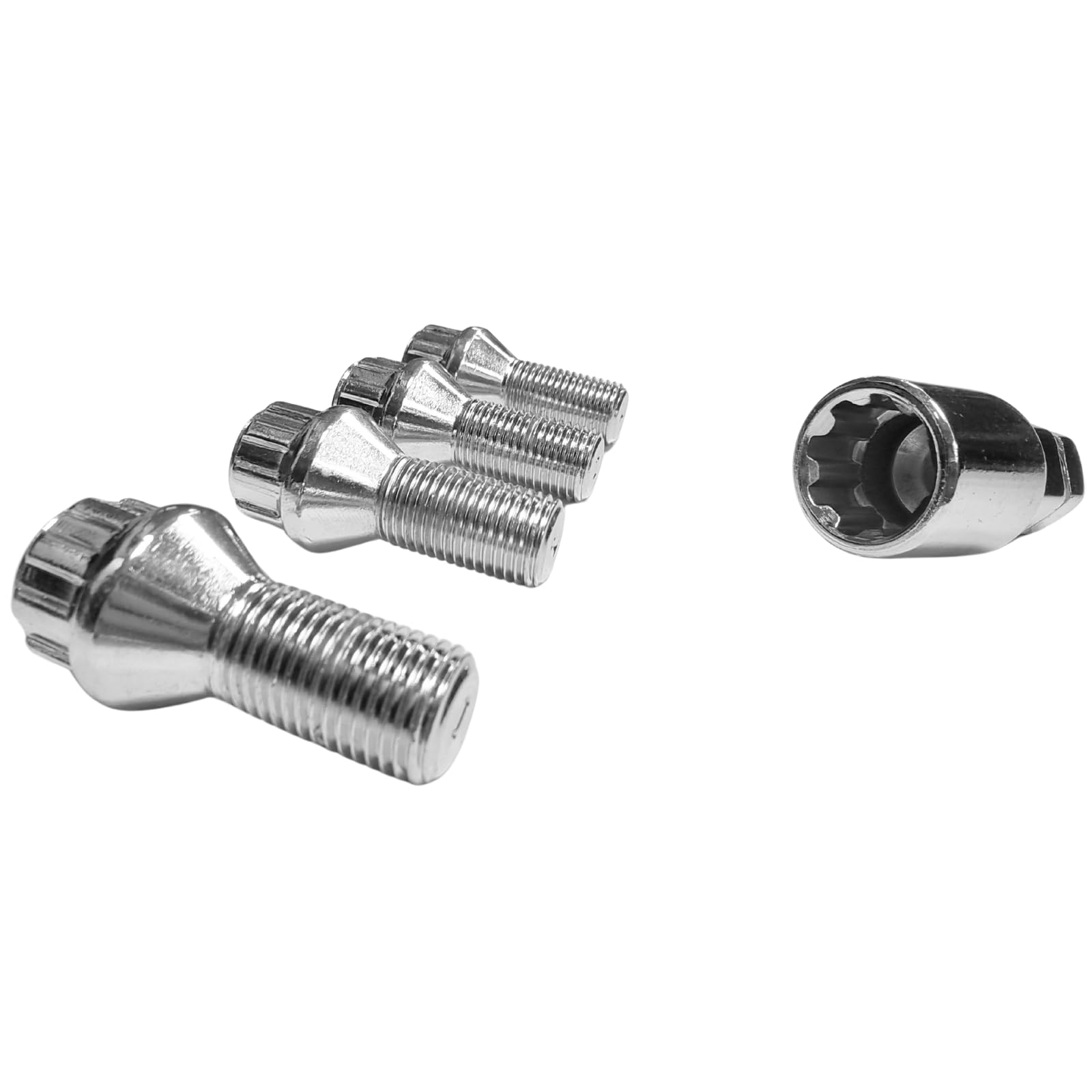 Blokada do felg M14 x 1,5 x 28 mm, taśma stożkowa 60°, 4 srebrne zamki felg, zestaw 4 sztuk, zabezpieczenie felg, zabezpieczenie przed kradzieżą, śruby do kół, śruby do kół