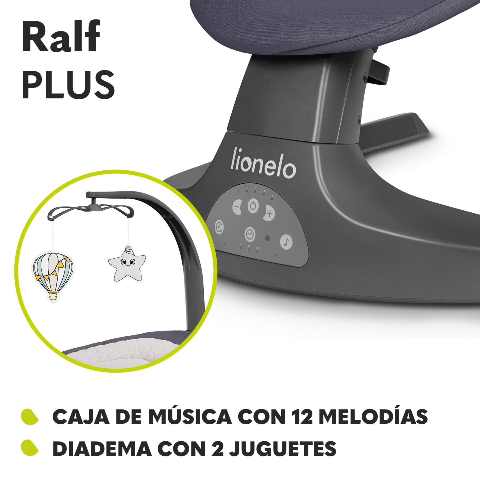 LIONELO Ralf 2w1 Balancín + hamaca 2 en 1, funcionamiento con mando a distancia, 12 melodías incorporadas, 5 velocidades de balanceo, bloqueo, ajuste del respaldo, temporizador (Grafito Gris)