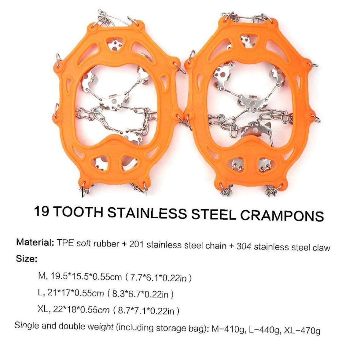 Crampons de Traction Crampons Ice Snow Grips pour Chaussures avec 19 Pointes en Acier Inoxydable pour la Marche, Le Jogging, l'escalade, la randonnée sur la Neige et la Glace (Oran