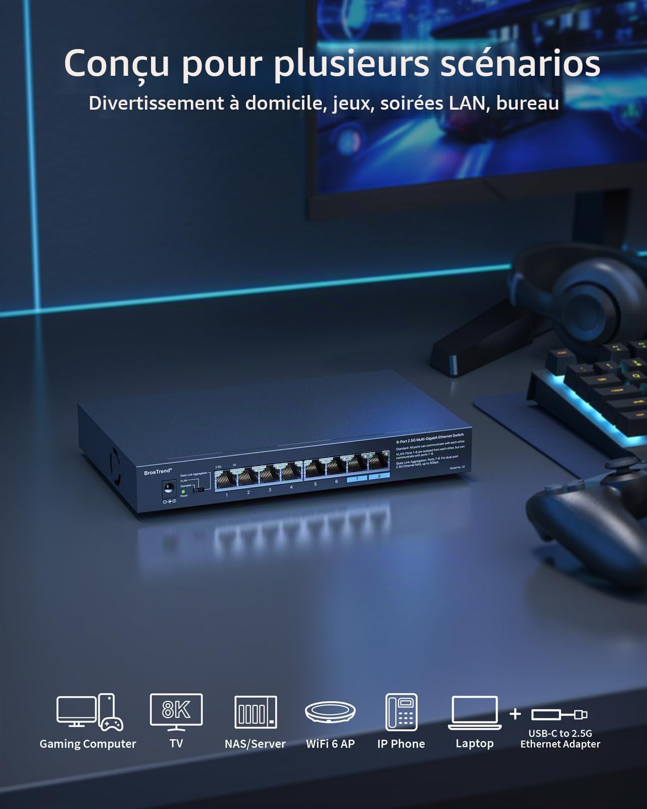 BrosTrend Switch Ethernet 2.5G 8 Ports, Switch Non-administrable Multi-Gigabit, Switch RJ45 avec VLAN, Agrégation de lien Statiques, Silencieux, Bureau Montage mural pour Maison, PME, Protection à Vie