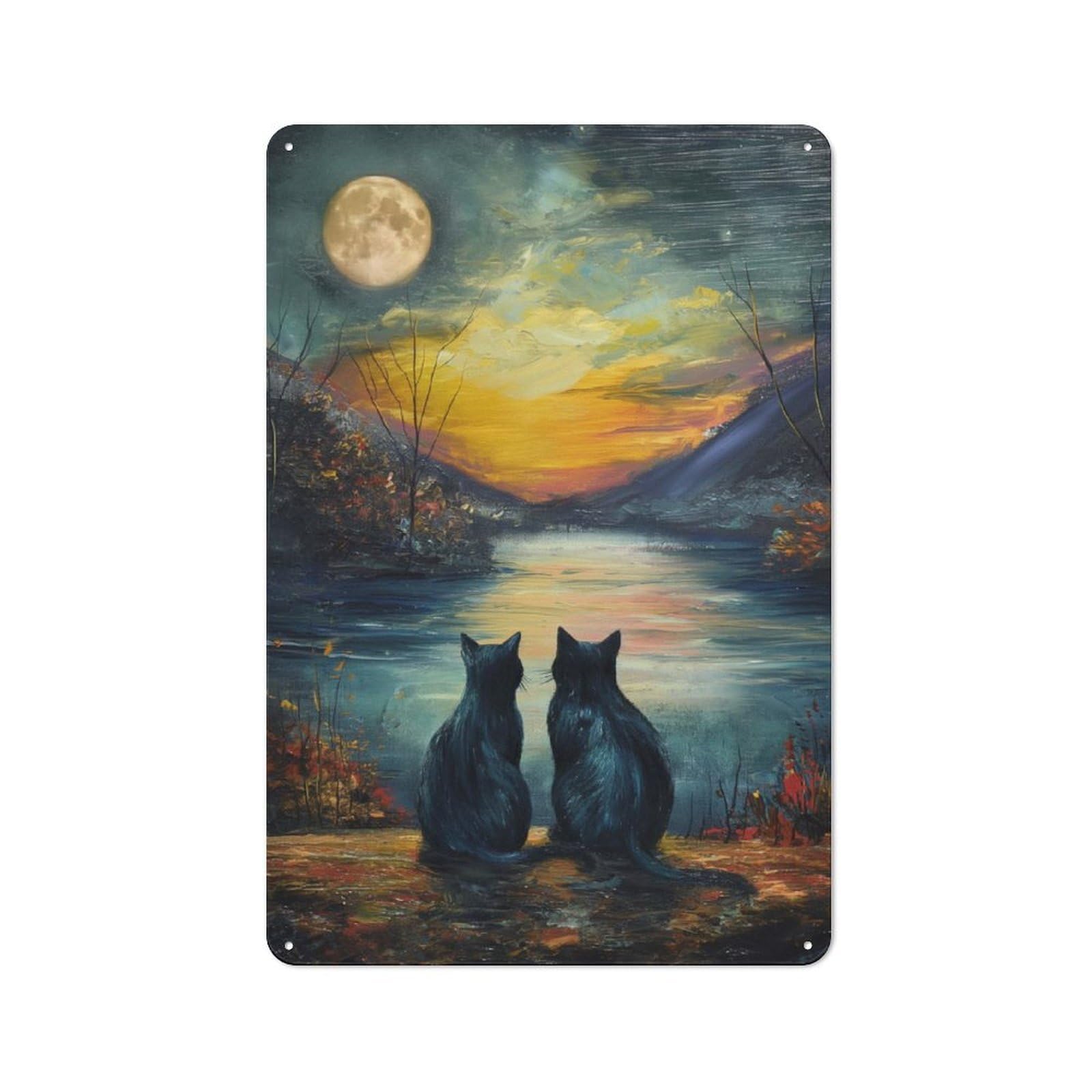 Junmoney Black Cats Moon Vintage Metal Plaque 30X20cm For Dining Room Or Kitchen, For Dining Room Decor Fans