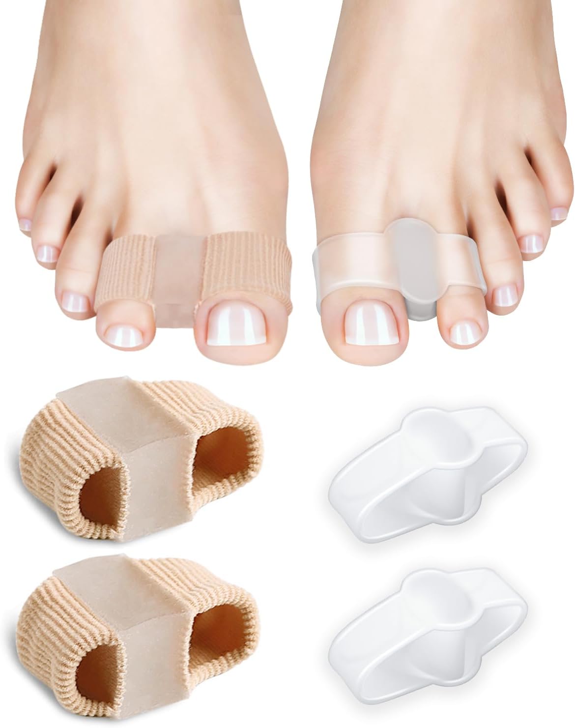 PGRODE Bunion Toe Separators Gel Bunion Corrector Soft Big Toe Spacers for Feet Women Men Toe Correct, Elasticity Hammer Toe Straightener with 2 Loops (2 Nylon+2Gel)