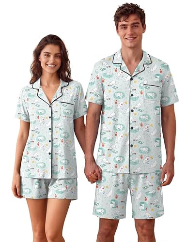 Ekouaer Couple Matching Pajamas Sets – Short Sleeve Button‑Down Sleepwear for Him & Her