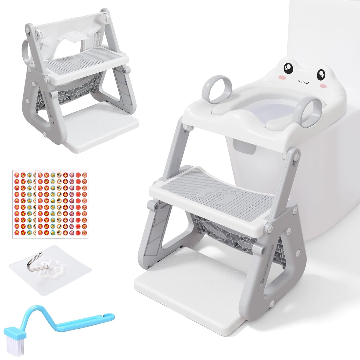 Reducteur Toilette Enfant avec Marche,Stabiliser Rehausseur Toilette Enfant avec Structures Triangulaires,Adaptateur Toilette pour Enfants Garçons et Filles,Antidérapant et Pliable,Gris