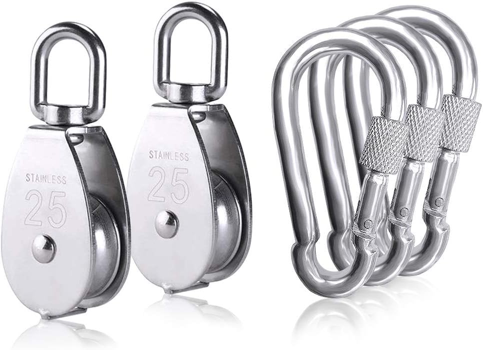 2pcs M25 Single Pulley Block with 3pcs Spring Snap Hook Carabiner, Heavy Duty 304 Stainless Steel Pulley Roller & 3'' Spring Snap Hooks, Pully Crane Swivel Hook Wire Rope Cable Loading 331lbs/150 kg