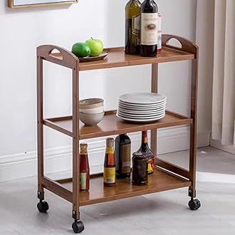 OneDcor Bamboo Food Serving Trolley with Movable Wheels - Kitchen Island Cart with Handle, 3-Tier & 4-Tier Rolling Utility Cart for Home, Restaurant, and Hotel Storage Organizer (3 Tier)
