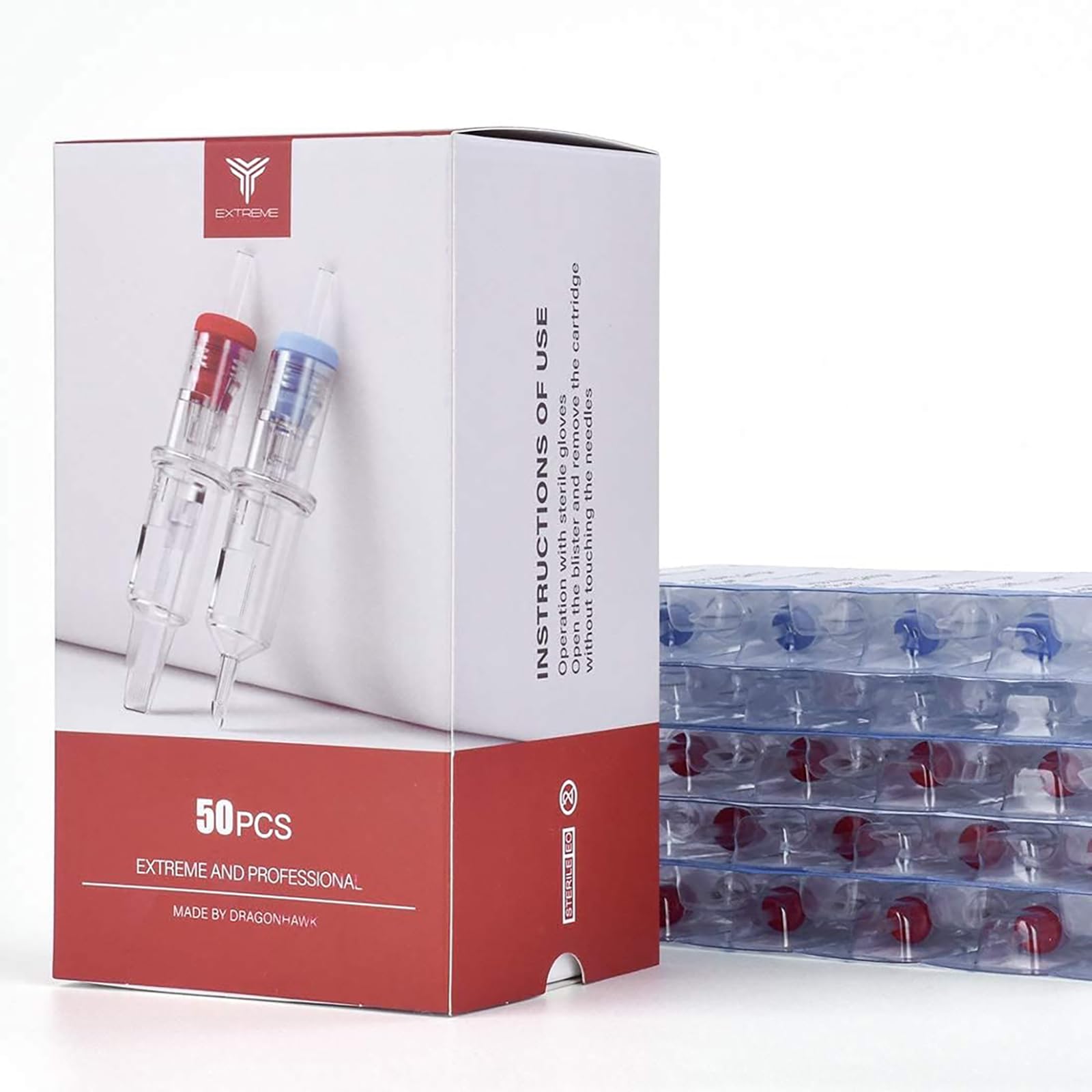 Dragonhawk Extreme Tattoo Needles Cartridges - 50PCS Mixed Sizes 1007RM 1009RM 1203RL 1205RL 1207RL Professional Disposable Round Liner Magnum Needles for Lining Shading