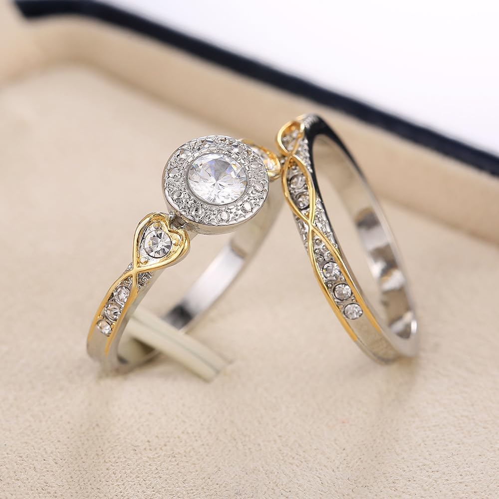 Vintage Two-Tone Statement Rings Set for Women, Classic Pear Round Cut Moissanite Wedding Bands 925 Sterling Silver Plated Travel CZ Engagement Bridal Promise Rings Sets for Her Size 10#