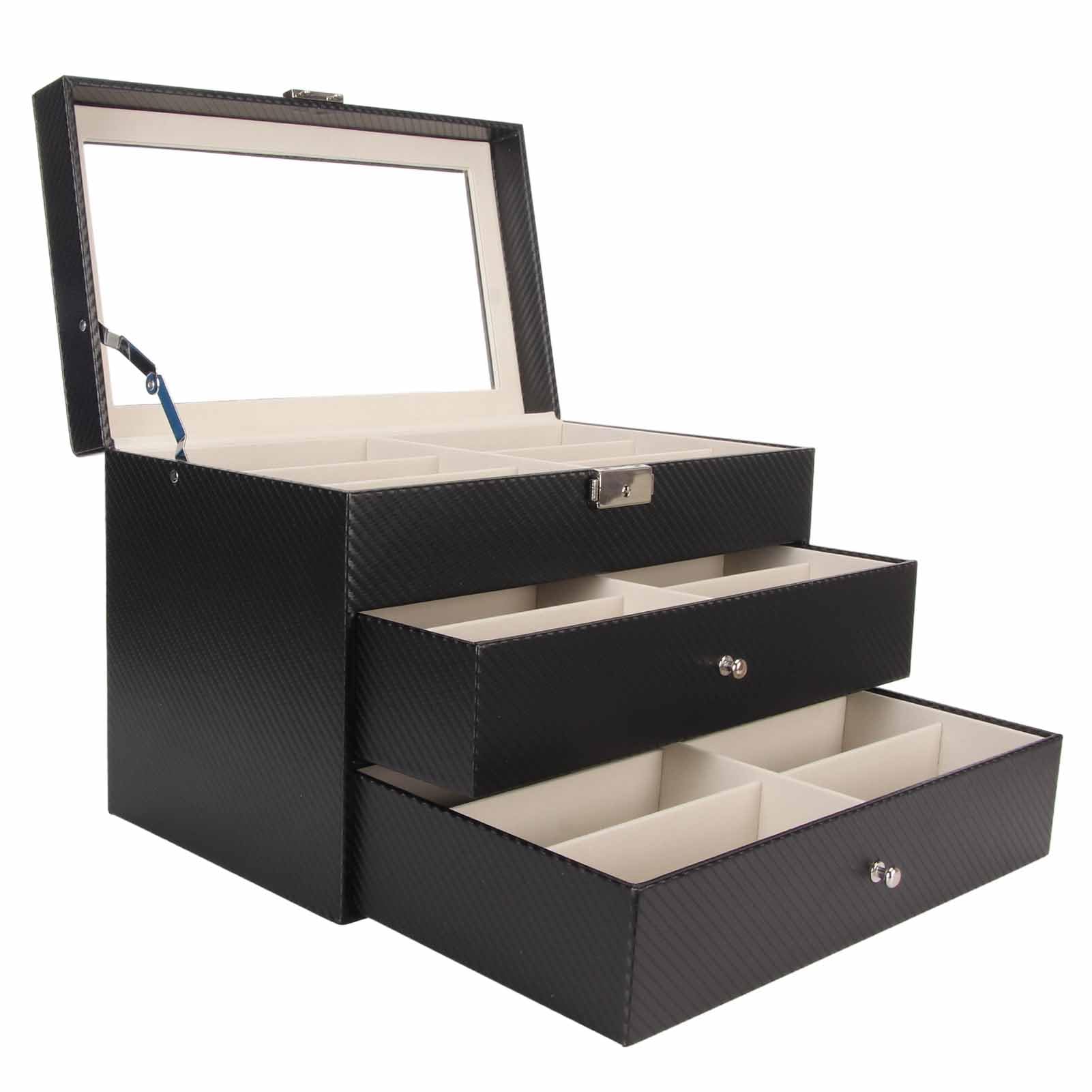 Brillen-Aufbewahrungsbox, 18 Fächer, Stilvolles Sonnenbrillen-Organizer-Etui für Zuhause, Kohlefaser-Halter