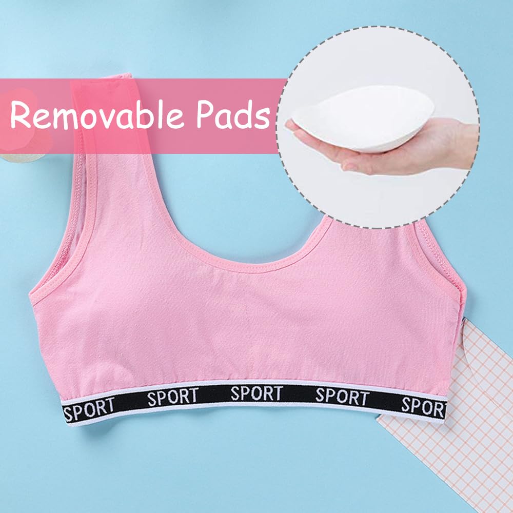 Paquete de 5 Sujetadores Deportivos para niñas, Sujetadores de Entrenamiento de algodón, Ropa Interior en Forma de U con Almohadilla extraíble para el Busto, Chaleco Corto para Adolescentes de 8 a 15