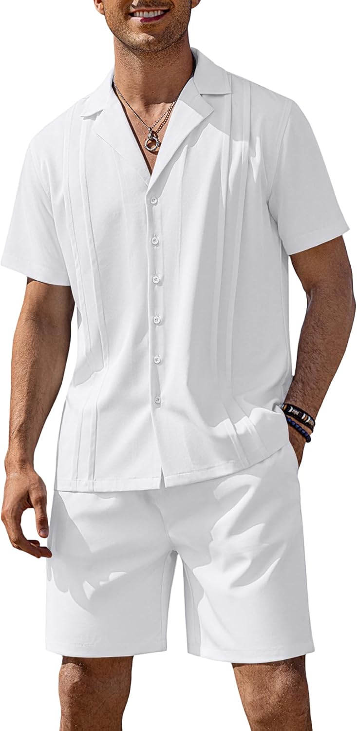 COOFANDY Mens 2 Piece Short Set Guayabera Button Down Shirt Casual Summer Beach Outfits
