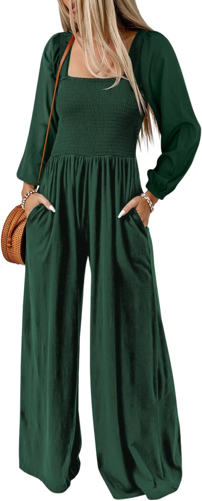 Dokotoo Women's Casual Loose Overalls Jumpsuits One Piece Long Sleeve Wide Leg Long Pant Rompers With Pockets