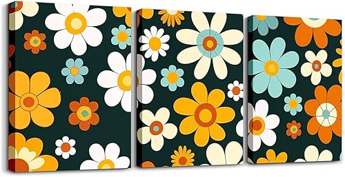 Decoración de pared retro de los años 80, 12 x 16 pulgadas, 3 piezas de arte hippie para niños, acuarela, lienzo floral, arte de pared, blanco,