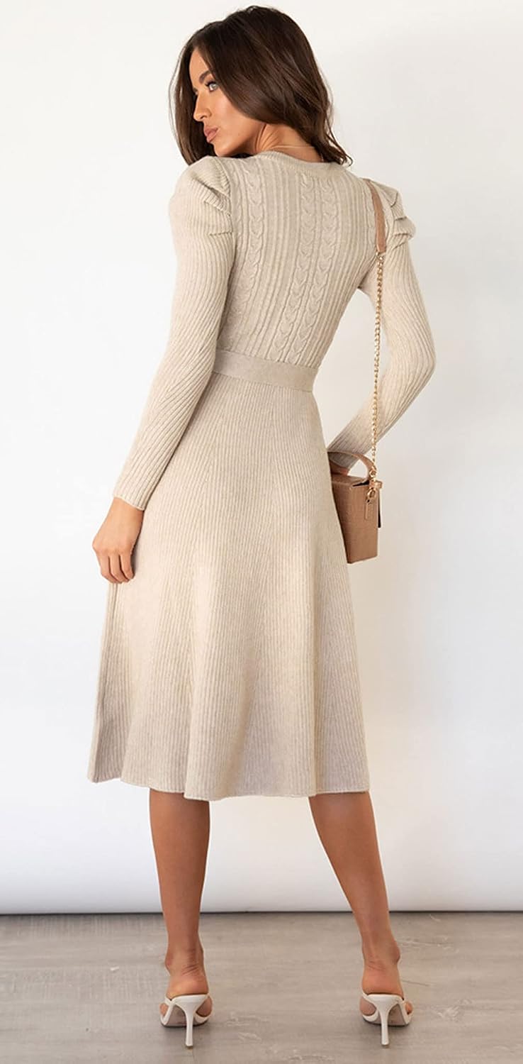 GGUHHU Womens Vintage Cable Knit Shrug Fit-Flared Knitwear A-Line Sweater Dress with Belt