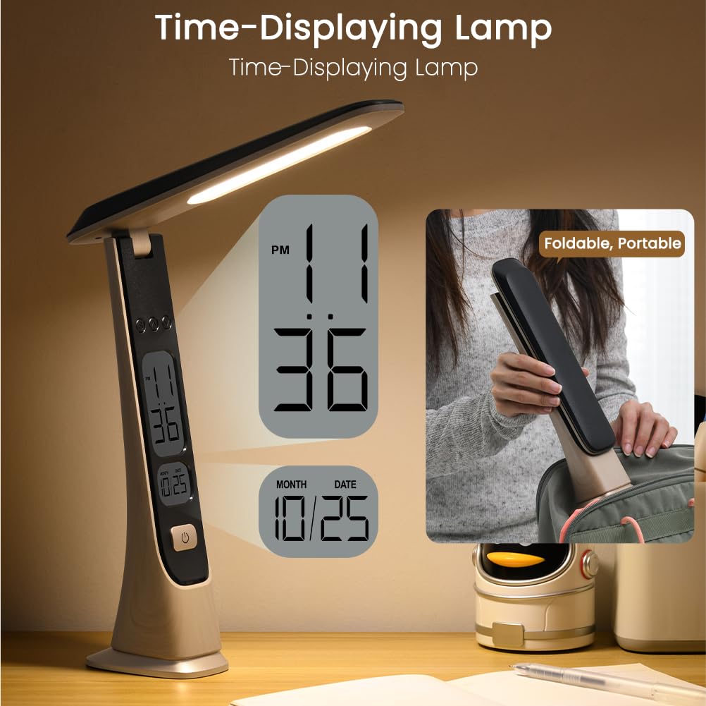 Lámparas recargables inalámbricas, lámpara de escritorio portátil plegable, luces a pilas con brillo continuo y visualización de tiempo para oficina en casa, luces de libros, accesorios de 3