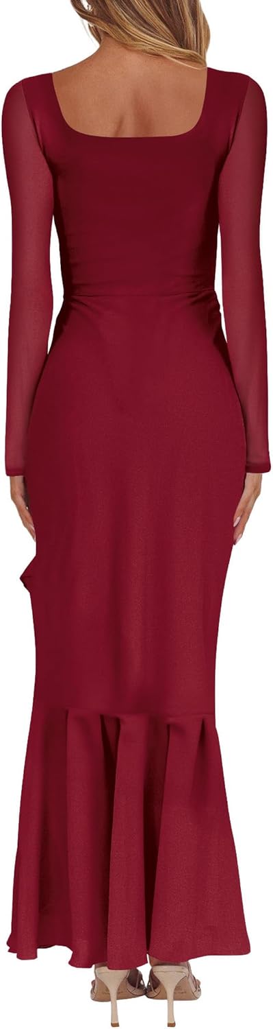 Nova In Sky Women's Wedding Guest Dress Maxi Long Sleeve Mesh Ruffle Formal Bodycon Mermaid Evening Cocktail Long Dress - Image 2