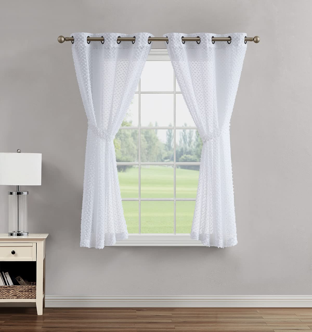Creative Home Ideas Sheer Curtains (2 Panels, 38" x 63", White), Privacy Pom Pom Curtains with Tiebacks, Mia Embellished Window Curtains Easily Pairs with Blinds and Shades, Lightweight Drapes