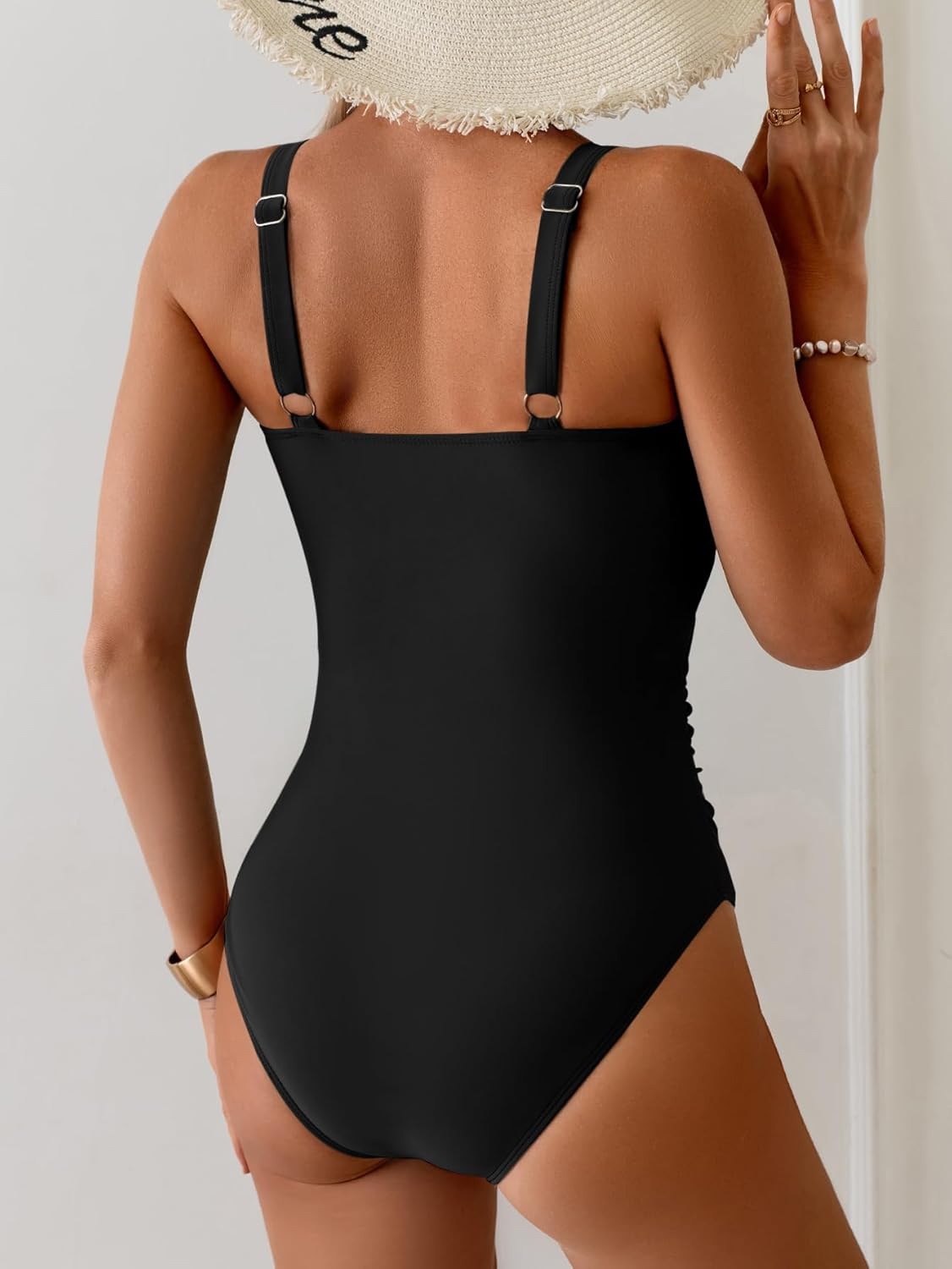 Eomenie Women's One Piece Swimsuit Tummy Control Ruched Bathing Suit Metallic Accents V Neck Swimwear Adjustable Straps - Image 2