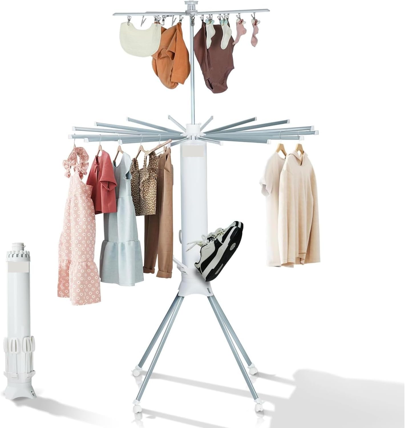 4-Leg Foldable Clothes Drying Rack with 20 Clips Shoe Holder 16Drying Rods Portable Aluminum Laundry Hanger with Wheels for Indoor & Outdoor Use Large 2025