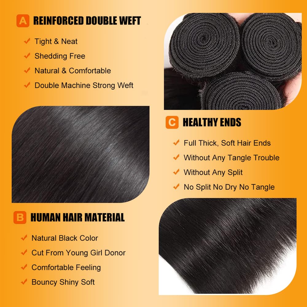 QTHAIR 18A Brazilian Virgin Hair Straight Human Hair(24" 26" 26" 26",400g,Natural Black) 100% Unprocessed Straight Brazilian Virgin Human Hair Weave For Women