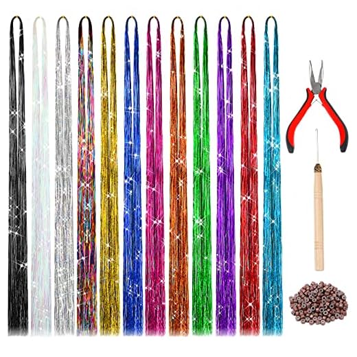 47 Inches Hair Extension Tinsel with Tool 12 Colors 2400 Strands Hair Extension Tinsel Kit Glitter Hair Extensions for Women Girls Hair Accessories for Christmas New Year Halloween Cosplay Party