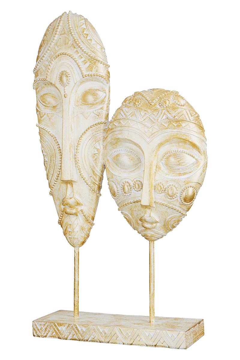 Masques Décoratifs Sculpture Gilde - Blanc Et Doré - Hauteur 38 Cm - Résine - Style Boho Ou Colonial